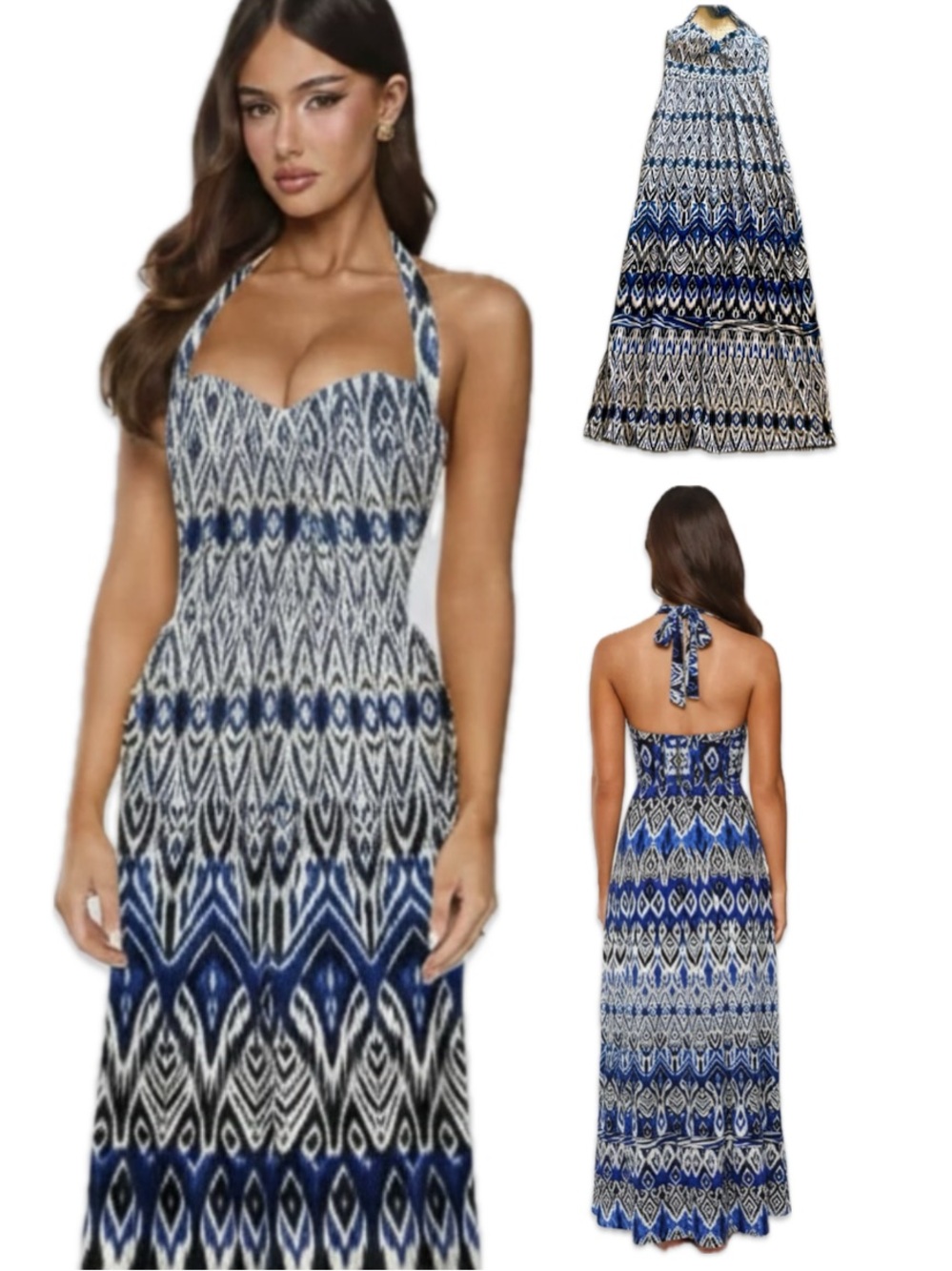 Blue White Geometric Halter Maxi Dress Bold Accents Flowy Summer Size Small